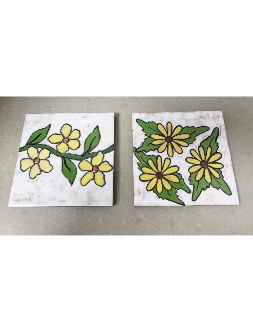 Vintage Pair Of Hand Painted Yellow Flower Ceramic Decorative Tiles Italy